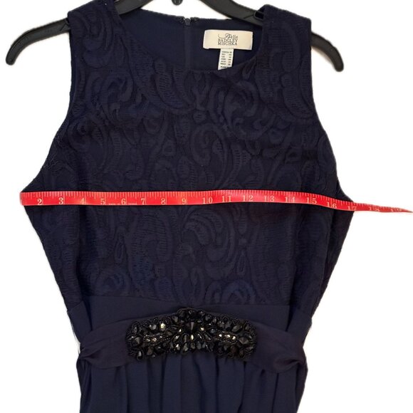 Belle Badgley Mischka Navy Lace & Chiffon Gown Beaded Waist Satin tie size 10 - Picture 9 of 11